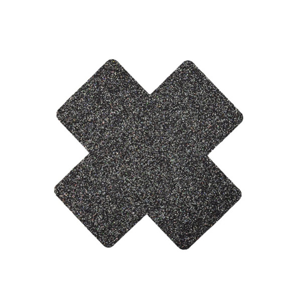 Paire de cache tétons adhésifs croix pailletée noir 